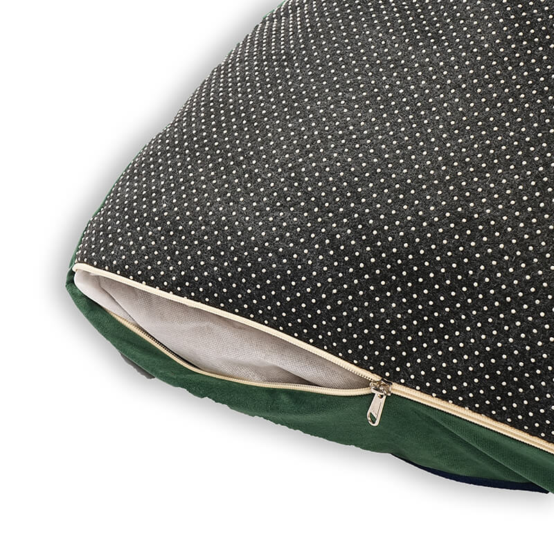Luna Lounge Bed showing removable cover with open zipper, revealing inner cushion and black dotted anti-slip fabric