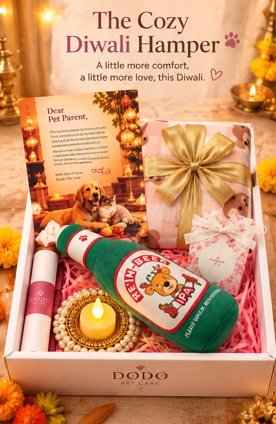A Dodo Pet Care 'The Cozy Diwali Hamper' gift box filled with pet treats and toys, featuring a green and white 'Beer Bottle' plush toy, a pink gift box with a gold ribbon, a small white box with pink floral print, a lip balm tube, and a pet parent letter card, all arranged in pink shredded paper with a lit diya in the foreground.