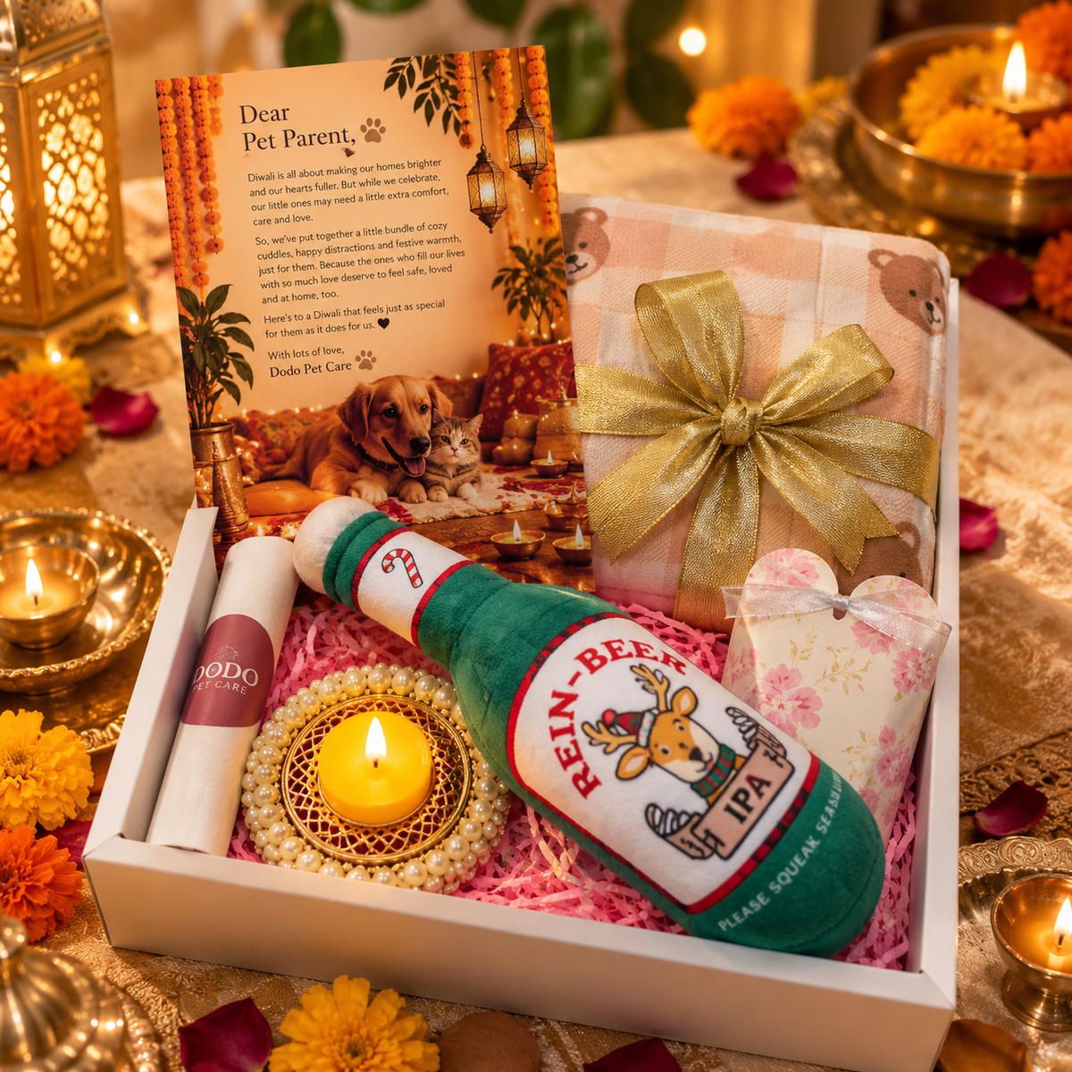 A pet parent gift box arranged in a white tray with pink filler, featuring a printed pet adoption card, a green and white novelty beer bottle prop, a rolled white tube, a small candle, and a wrapped baby blanket tied with a gold ribbon. The box sits on a decorated table with marigolds and candles.