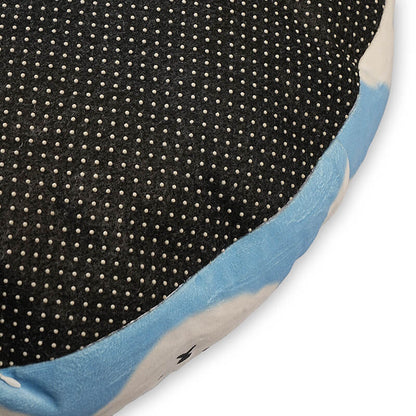Bottom view of Cloudy Pup Bed showing black dotted anti-slip fabric with soft cloud print side panel for stable pet comfort