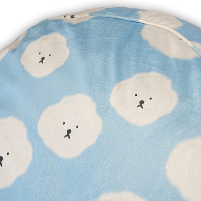 Close-up of Cloudy Pup Bed fabric featuring light blue material with adorable white cloud face print for a playful and cozy look