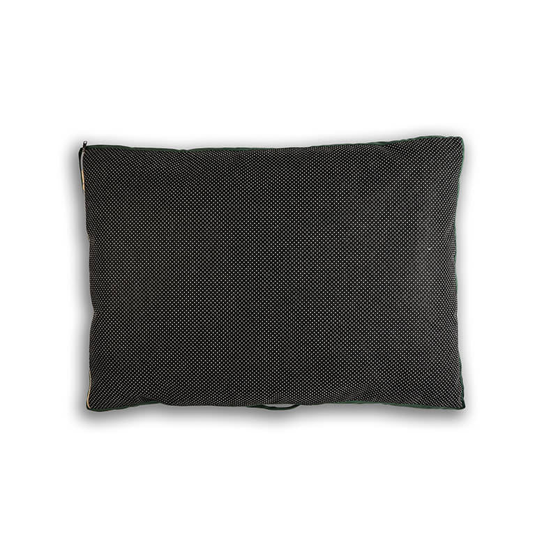 Back side view of Luna Lounge Bed cushion featuring black fabric with fine dotted pattern and green piping edges on a white background