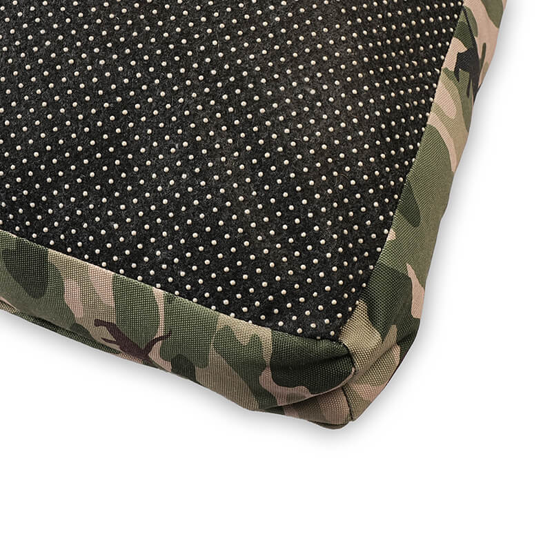 Military Bed corner detail showing DODO Pet Care logo on camouflage fabric with neatly stitched edges