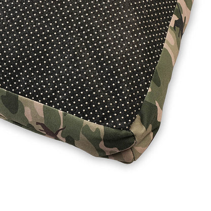Military Bed corner detail showing DODO Pet Care logo on camouflage fabric with neatly stitched edges