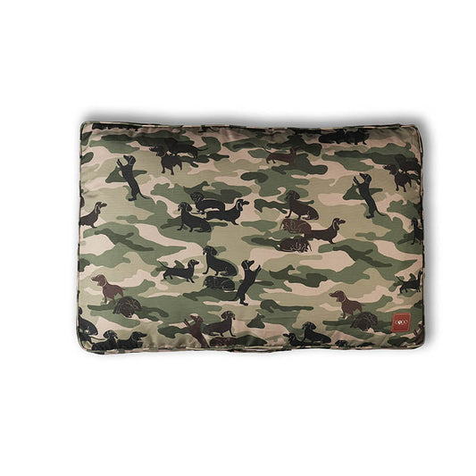 Military Bed rectangular pet bed featuring green camouflage fabric with dog silhouette print and cushioned comfort design