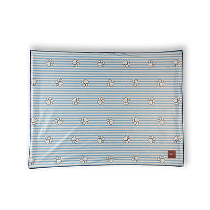 Paw Story pet blanket with blue and white striped design and cute paw prints, soft and lightweight blanket for dogs and cats, suitable for bed, sofa, or travel use