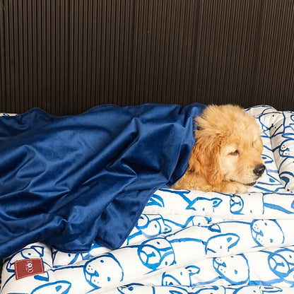 Dog resting comfortably on a pet bed covered with a navy blue Paw Story blanket, soft and cozy plush blanket ideal for keeping pets warm and relaxed indoors