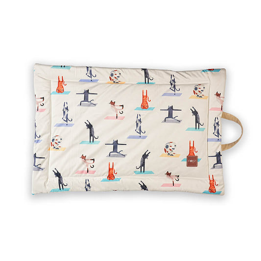 Foldable yoga mat with playful animal print and built-in carry handle, featuring soft cushioning and a lightweight design for home workouts, travel, and easy storage