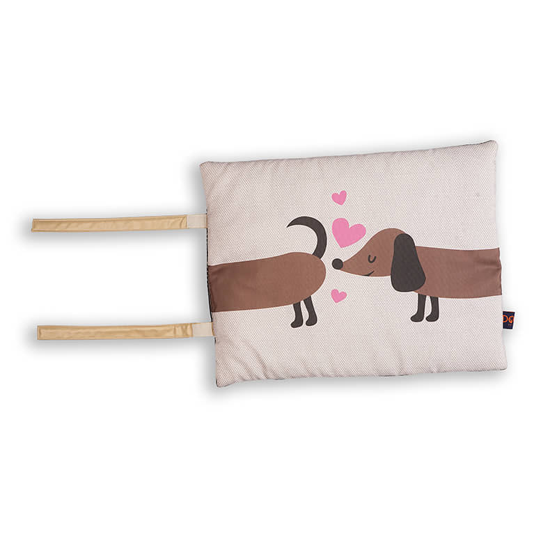 Sniffy travel mat with cute dog illustration and heart design, lightweight and portable pet mat with straps, ideal for travel, outdoor use, and on-the-go comfort for dogs