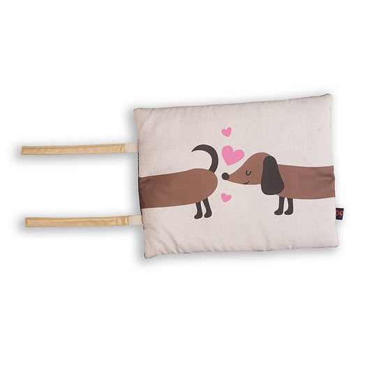 Sniffy travel mat with cute dog illustration and heart design, lightweight and portable pet mat with straps, ideal for travel, outdoor use, and on-the-go comfort for dogs