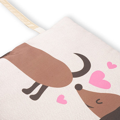 Close-up detail of Sniffy travel mat showing cute dog illustration with heart pattern, soft fabric texture and playful design for comfortable pet travel and everyday use