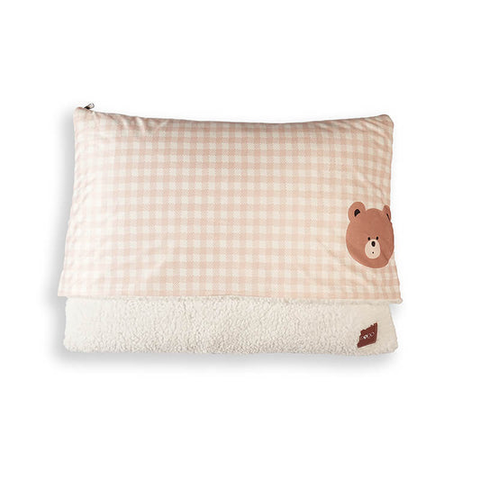 A cozy Teddy Snug Bed featuring a soft beige checkered fabric with a cute teddy bear print on the front and a plush white fleece lining on the inside, designed to provide warmth, comfort, and a snug sleeping space for dogs and cats.